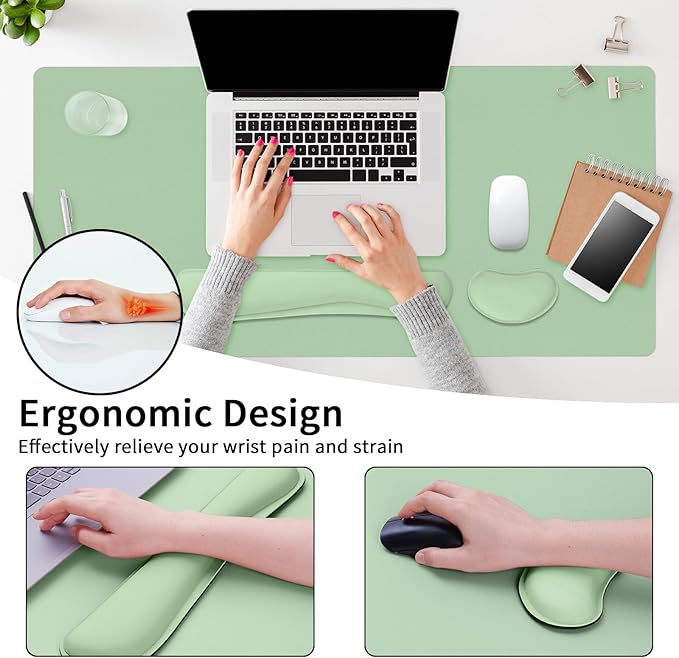 Mouse Pad and Keyboard Wrist Rest, Large Keyboard and Mouse Pad Set, Ergonomic Mousepad with Wrist Rest, Non-Slip Desk Mat Protector for Office, Home (35.4×15.7 Inches, Lake Green)