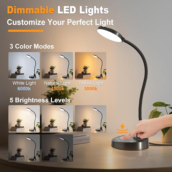 15W LED Desk Lamp with USB Charging Ports – Dimmable Table Lamp with 3 Color Temps, 5 Brightness, 4 Timers, Flexible Gooseneck Light with Base, Eye-Caring Reading Light for Home Office, Bedroom, Study