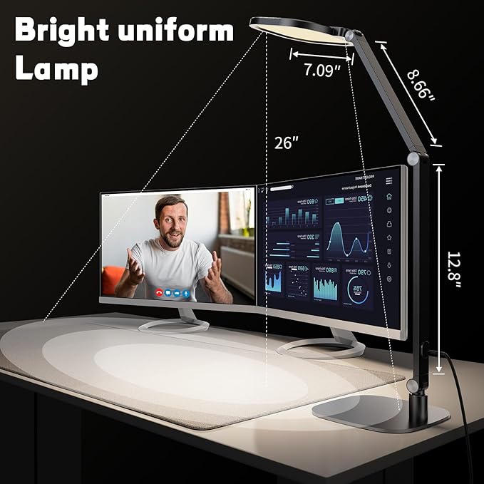 LED Desk Lamp for Home Office – Professional Eye-Caring Soft Diffused Light, Dimmable Desk Lamp with Adjustable Metal Swing Arm, Memory & Timer, Modern Anti-Glare Table Lamp