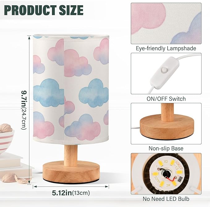 Cloud LED Table Lamp, Bedside Lamp with Linen Lampshade, Flicker-Free Eye Care USB Plug in Nightstand Lamp, for Bedroom and Office