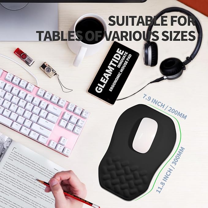 Ergonomic Raised Mouse Pad Wrist Support with Bilateral Slope Memory Foam Mousepad for Wrist Rest and Carpal Tunnel 11.8x7.9〃 Black