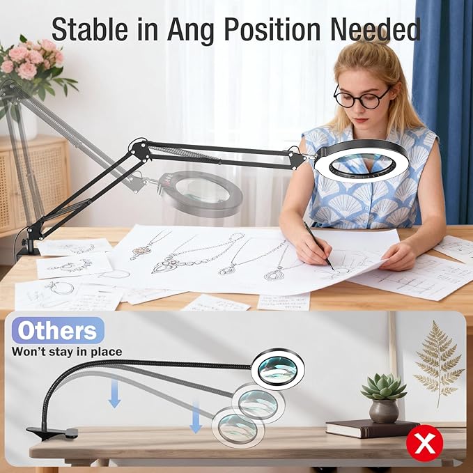 10X Magnifying Glass with Light and Clamp, Real Glass Stand Lighted Magnifier, 5 Color Modes Stepless Dimmable LED Desk Lamp Hands Free for Crafts Hobby Reading Painting Sewing Close Work Large Black