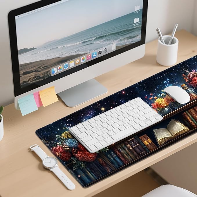 Starry Bookshelf Desk Mat Gaming Large Mouse Pad Blooming Book Flowers Night Mousepad Computer Keyboard Pad Mouse Mat Laptop Mat 31.5 x 11.8 Mouse Pads for Desk Home Office Gaming