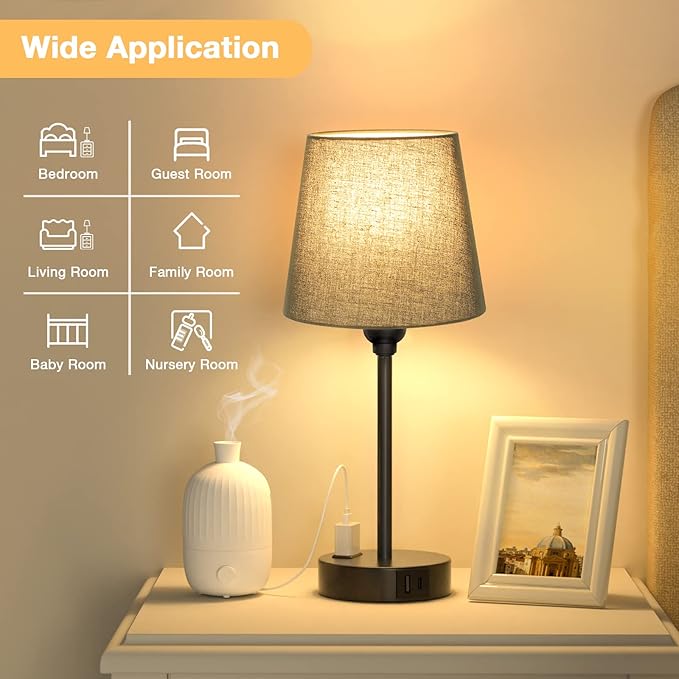 Acaxin Black Lamp for bedrooms Set of 2 - Nightstand Bedroom Lamp with USB C Port and AC Outlet Charging, 3 Way Dimmable Touch Control Bed Side Table Lamp, Small Night Stand Light for Men/Kids