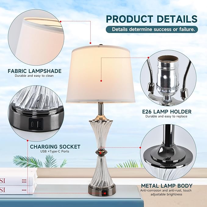 Terpsichore Touch Dimmable Table Lamps Modern Glass Table Lamp LED Lights Coastal Light USB Powered Desk Lights Bedside Crystal Lamps Nightstand Lamp Set of 2 & Outlets for Bedroom, Living Room