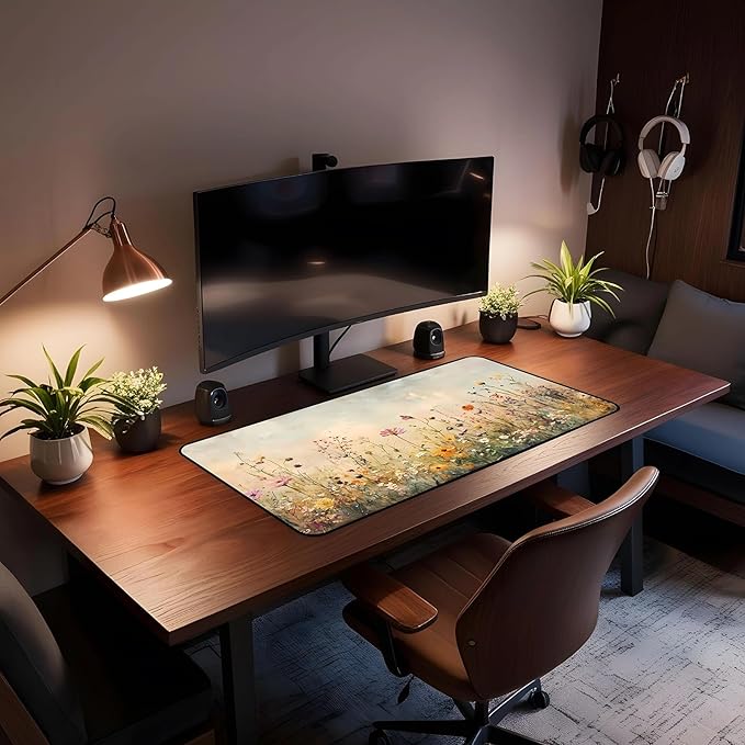 Beige Watercolor Flower Desk Mat, Oil Painting Style Desk Matt, Plant Flower Mouse Mat, Game Desktop Cover Mat, Women's Laptop Keyboard and Mouse Pad, Bohemian Office Desk Decor 31.5"X15.7"