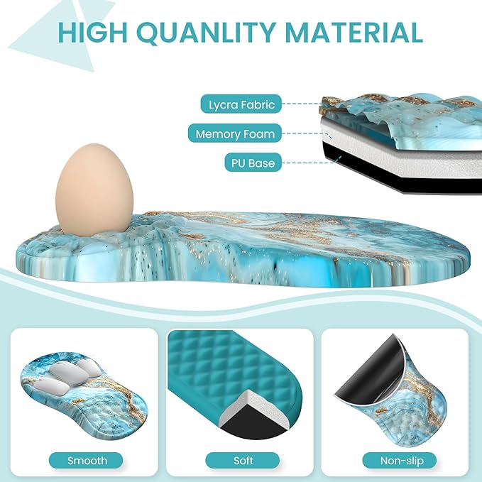 Desk Mat for Keyboard and Mouse, Large Mouse Pad with Wrist Rest and Keyboard Pad, 4PCS Keyboard Wrist Support, Computer Mousepad for Laptop, Teal Blue Turquoise Marble