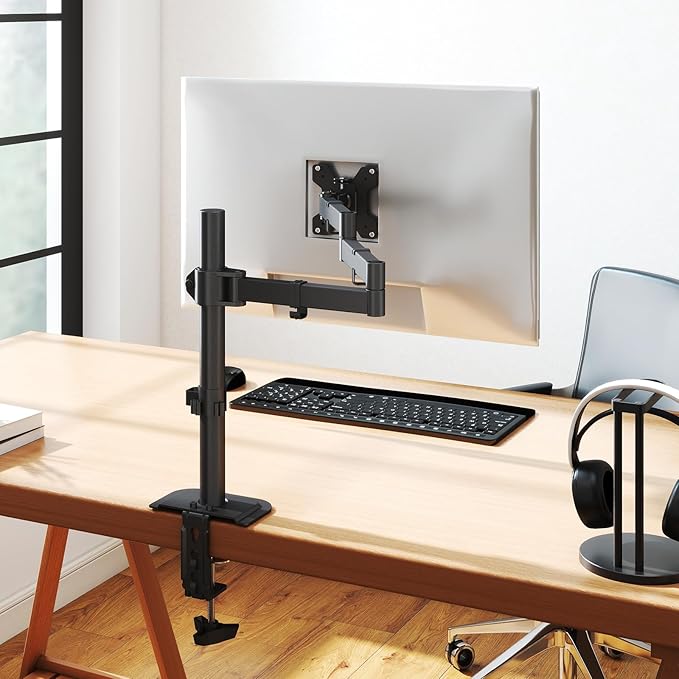 suptek Single Monitor Arm, Universal 3 Tier Arm Fully Adjustable Pole Mount Bracket Monitor Mounting for 13 to 27 inch Screen, Weight up to 22lbs, Mounting Holes 75x75mm to 100x100mm,Black