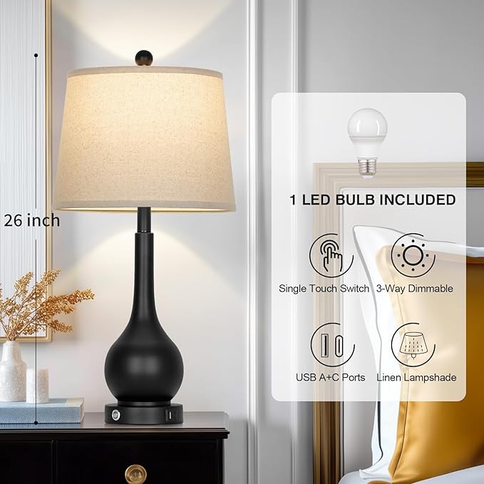26" Black Table Lamp for Living Room Single, Touch Control Bedside Lamp for Nightstand, 3-Way Dimmable End Table Lamp for Bedroom with USB Charging Port (1 Pack)