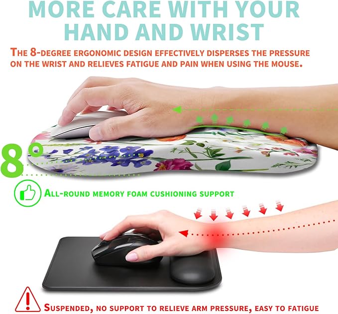 Ergonomic Mouse Pad Wrist Support with Memory Foam Massage Bulge, Carpal Tunnel Mousepad Wrist Rest for Mouse(12x8 inch, Flowers)