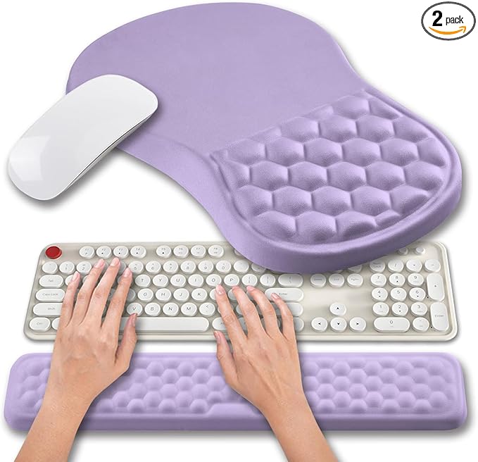 Hokafenle 2 in 1 Ergonomic Mouse Pad Wrist Support & Wrist Rest for Computer Keyboard Set, with Memory Gel Massage Bulge Design (2In1 Set, Lavender)