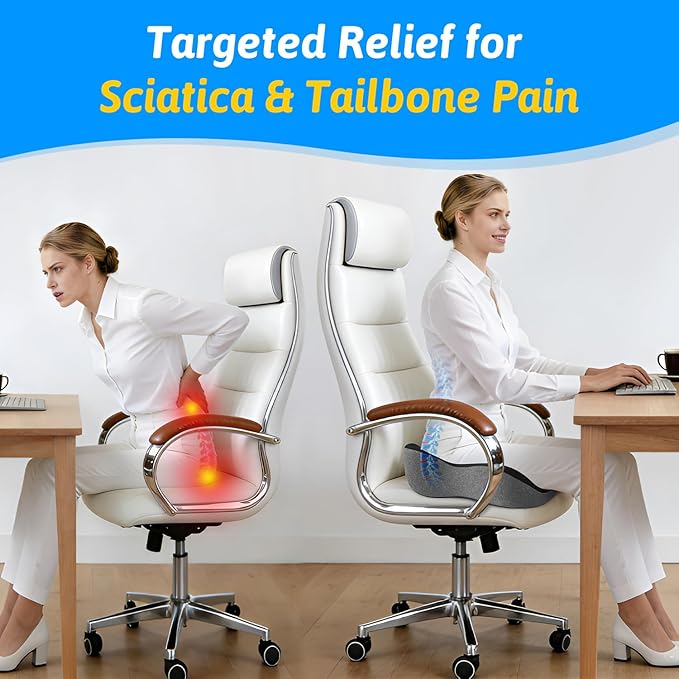 Seat Cushion for Tailbone & Sciatica Support - Plush Yet Supportive Ergonomic Memory Foam Chair Cushions for Office Chair, Car, Wheelchair, Airplane & Long Sitting