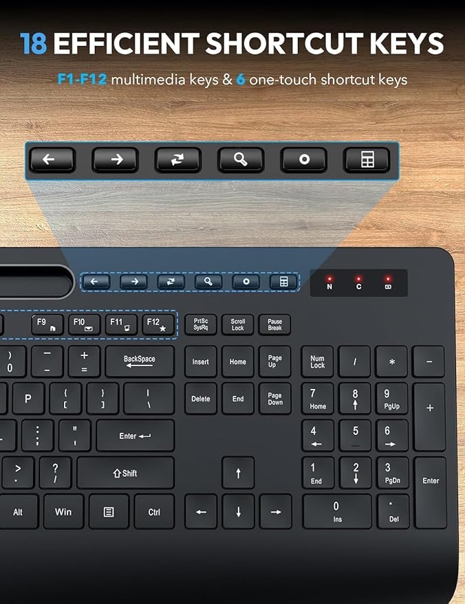 Wireless Keyboard and Mouse Combo - Full Size Ergonomic Wrist Rest, Silent Typing, Phone Holder, 2.4 GHz, 3 Level DPI, KM23D Set Compatible with PC, Laptop, Windows, macOS -SABLUTE