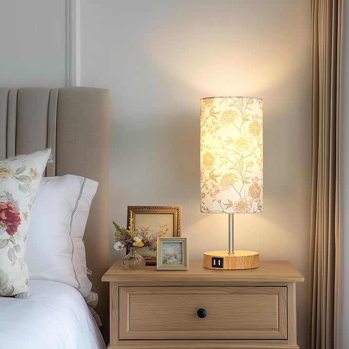 Bedside Touch Lamp with Flower Fabric Shade, 3 Way Dimmable Wood Bedroom Lamp for Nightstand with 2 USB Charging Ports, Small Table Lamp for Living Room Reading Desk (LED Bulb Included)