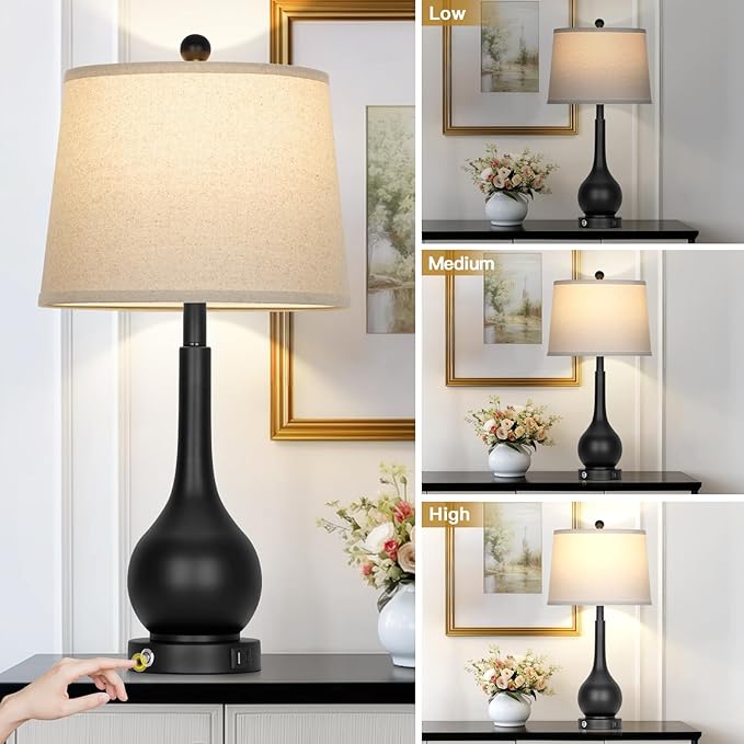 26" Black Table Lamps Set of 2, Touch Control Lamps for Living Room, 3-Way Dimmable Bedroom Bedside Lamps for Nightstands with USB A+C Port (2 LED Bulbs Included)