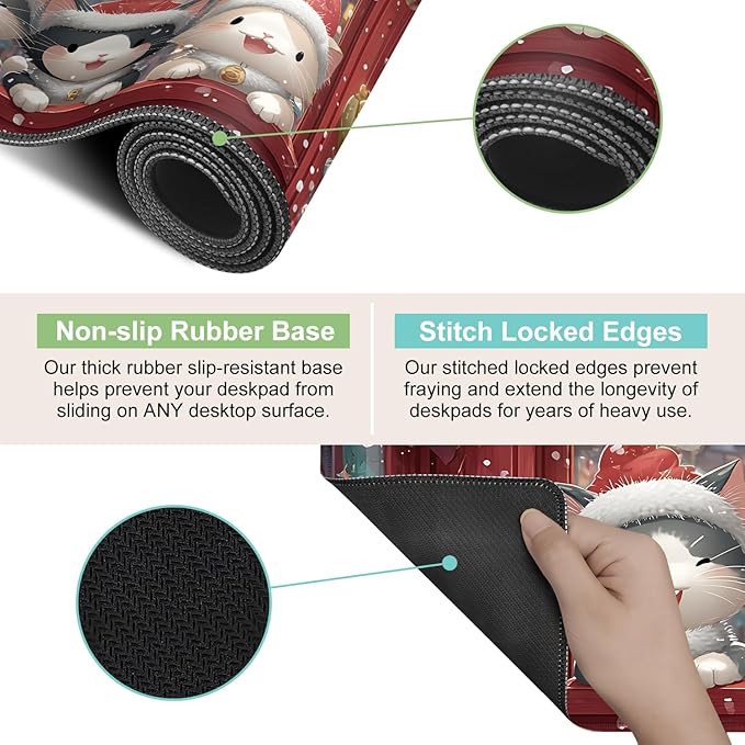 Desk Mat, XXL Extended Gaming Pad for Desktop, 31x12 Inches Cats in Santa Hats at Window, Large Non-Slip Vegan Leather Keyboard Mouse Mat for Home Office