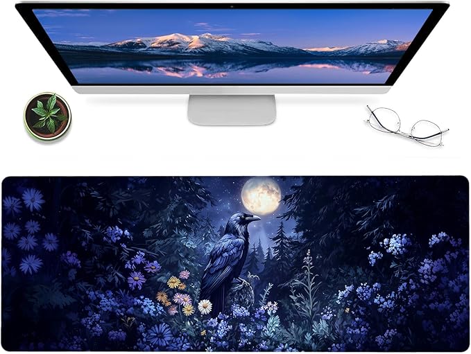 Raven and Moonlit Forest Gaming Mouse Pad,12x31.5in Non-Slip Rubber Gothic Desk Mat,Large Extended Goth Mystical Night Mousepad for Office Home Laptop,Mice Pads Gifts,Game Lover Deskmat Decor