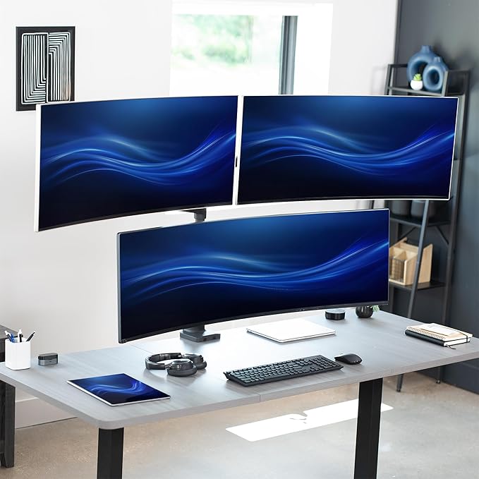 VIVO Pneumatic Arm Triple Ultrawide Monitor Extra Tall Desk Mount for Up to 49 inch Screens, Heavy Duty Clamp, Holds 3 Ultra Wides Up to 44 lbs, Black, STAND-V300D