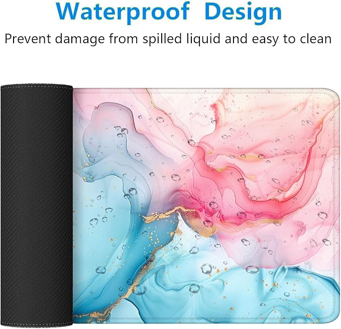 Pink Cyan Marble Desk Mat Blue Gold Marble Mousepad XL Large Gaming Mouse Pad Laptop Keyboard Mat Desk Pad 31.5"x11.8" Office Home Decor for Women Girl