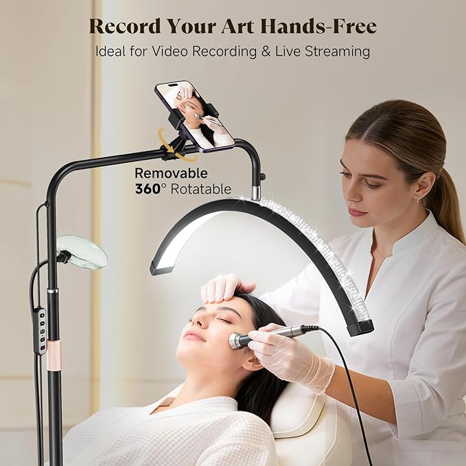 Half Moon Lash Light - Bling Diamond Lash Lamp with 4X Magnifier & Phone Holder, Adjustable Floor Lamp for Eyelash Extensions, Nail Art, Tattoo, Skincare, Dimmable Brightness, Rotating Head, Black