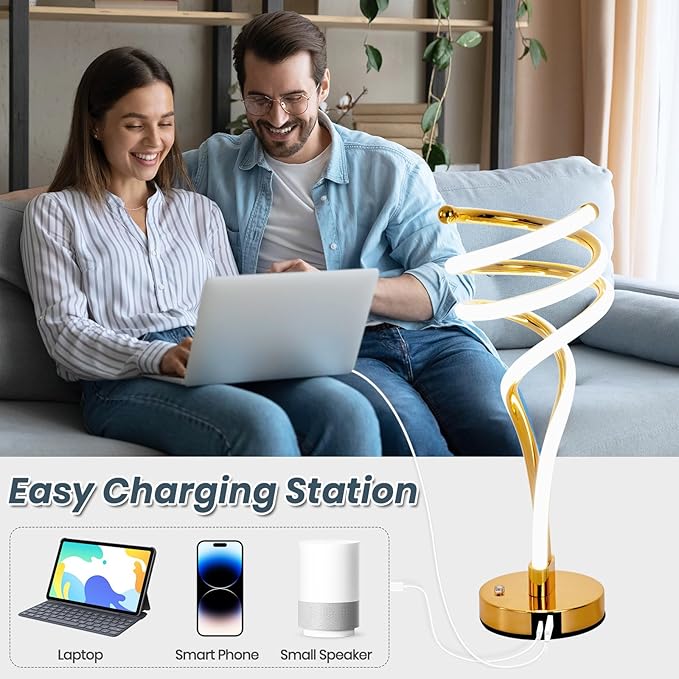 ElDISUNY Modern LED Table Lamp, 3 Color Temperatures,Touch Control CurveDimmable Bedside Table Lamps with USB Ports, Touch Control LED NightstandLamp, Desk Lamp for Living Room, Bedroom (Gold)
