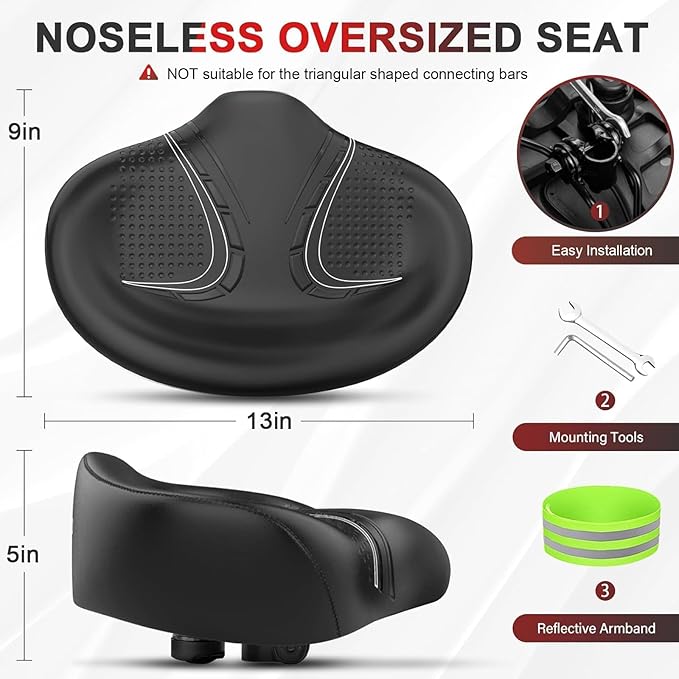 BLUEWIND New Noseless Oversized Bike Seat, Wide Bicycle Saddle Novel Backrest Design for Electric Bike, Universal Fit Exercise Bike or Road Stationary Bike Seat Cushion for Men & Women