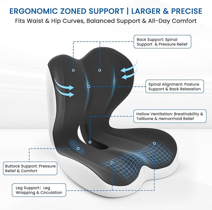 Seat Cushion, Memory Foam Car Seat Cushion with L-Shaped Ergonomic Design, Tailbone & Sciatica Support Cushion for Office Chair, Car, Truck Drivers, Long Work Sessions and Wheelchair