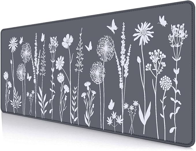 IMAYONDIA Cute Sage Gray Desk Mats Mousepad, Plant Floral Anime Mousepad Deskmat, Aesthetic Desk Pad, Minimalist Grey White Leaves Large Gaming Mouse Pad, Decor Accessories, 31.5 X 11.8