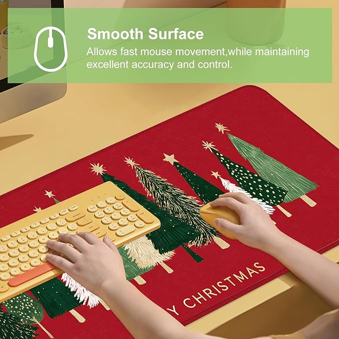 Desk Mat, XXL Extended Gaming Pad for Desktop, 31x12 Inches Trees on Red Background, Large Non-Slip Vegan Leather Surface with Stitched Edges, Keyboard Mouse Mat for Home Office