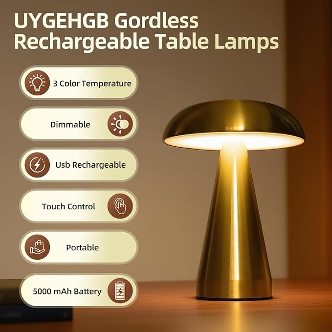 Portable LED Desk Lamp, 5000mAh Rechargeable Battery, 3-Color Touch Control, Cordless Table Lamp with Stepless Dimming, Modern Bedside Lamp for Bedroom, Living Room, and Dining Room (1-Pack Gold)