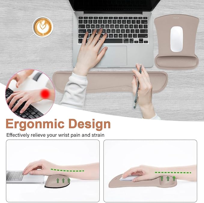 MOSISO Wrist Rest Support for Mouse Pad & Keyboard Set, Ergonomic Mousepad Non-Slip Base Home/Office Easy Typing Cushion with Neoprene Cloth & Raised Memory Foam, Taupe Brown