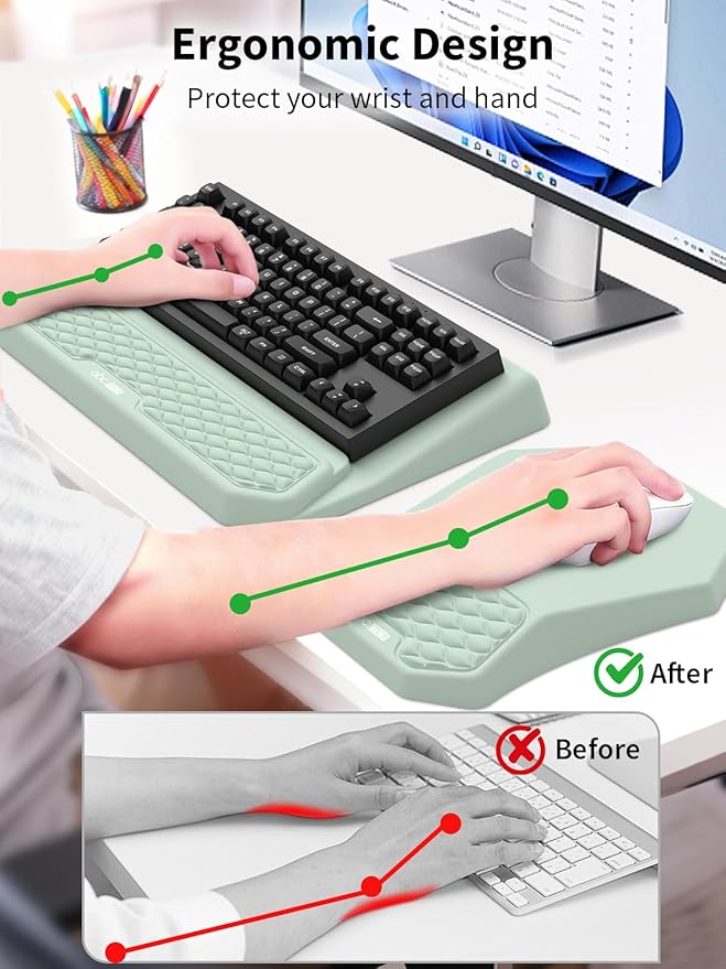 3-in-1 Ergonomic Keyboard Stand with Wrist Rest & Mouse Pad Set, Comfy Keyboard Riser Holder Soft Mousepad with Massage Design, Memory Foam and Non-Slip PU Base for Wrist Support, Light Green