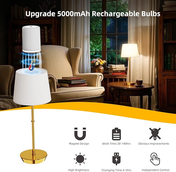 Cordless Table Lamp, 5000mAh Rechargeable Desk Lamp with Dimmable Magnetic RGB Bulbs & Remote, Battery Operated Small Wireless Lamp for Bedside, Dining Table, Kitchen Counter, Living Room