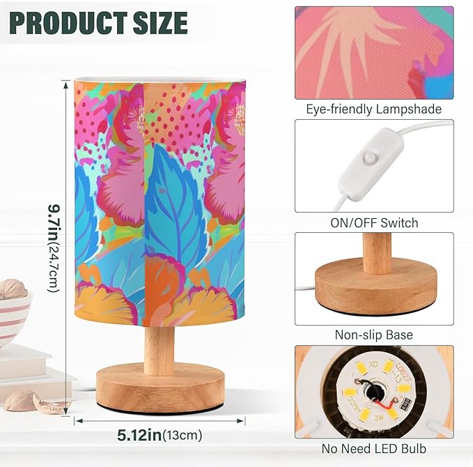 Tropical Floral LED Table Lamp, Bedside Lamp with Linen Lampshade, Flicker-Free Eye Care USB Plug in Nightstand Lamp, for Bedroom and Office