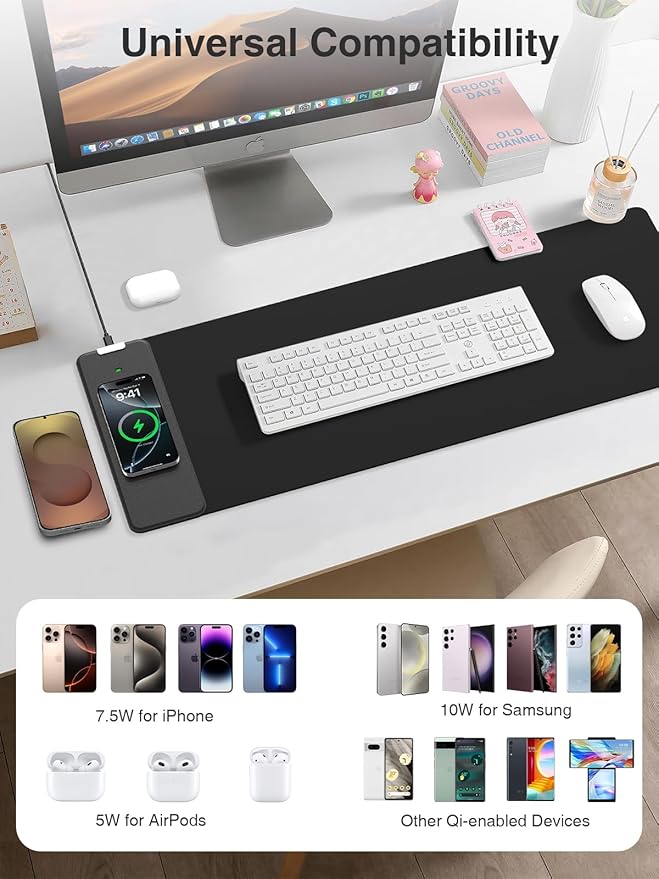 2-in-1 Mouse Pad with Wireless Charging, Gaming Mouse Pad, 31.5"x11.8" Large Desk Mat for Laptop/Keyboard, Waterproof Smooth Surface, Non-Slip Base, No Adapter