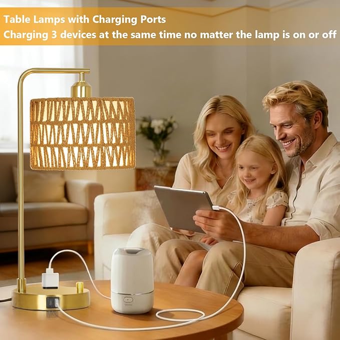 Boho Table Lamps With USB Charging Ports And Outlet, Dimmable Rattan Lamp Set Of 2 With Bulbs, Wicker Bedside Lamps For Bedroom Living Room Side Table, Gold Tall Desk Lamp For Bohemian Home Office