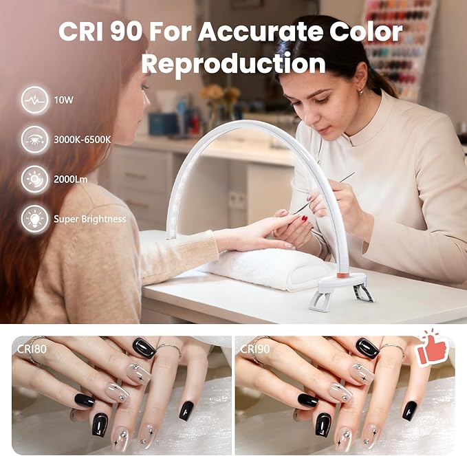 Yokilly Arc Half Moon Light: 20" Half Moon Light with Foldable Bracket for Desk Salon Table Use - No Flicker & Shadow-Free Desk Lamp with Stepless Brightness 3000-6500K for Manicurist Nail Tech