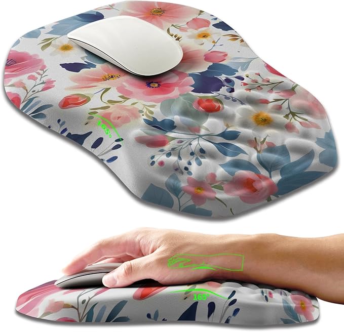 Ergonomic Slope Mouse Pad Wrist Support, Wrist Rest Mousepad for Carpal Tunnel with Massage Bulge and Slow Rebound Memory Foam (12x8 inch, Pink Floral)