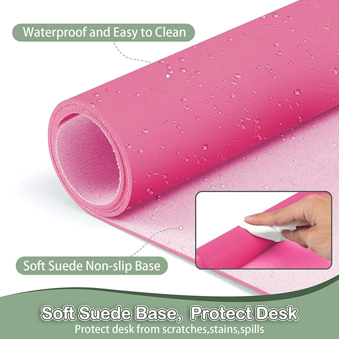 Boutilon Leather Desk Pad Protector,Non-Slip Mouse Pad,Laptop Desk Pad,Office Mouse Mat,Waterproof Leather Desk Blotter,Desk Writing Pad for Office and Home (XXL-Rose Pink,47.2"x 17")