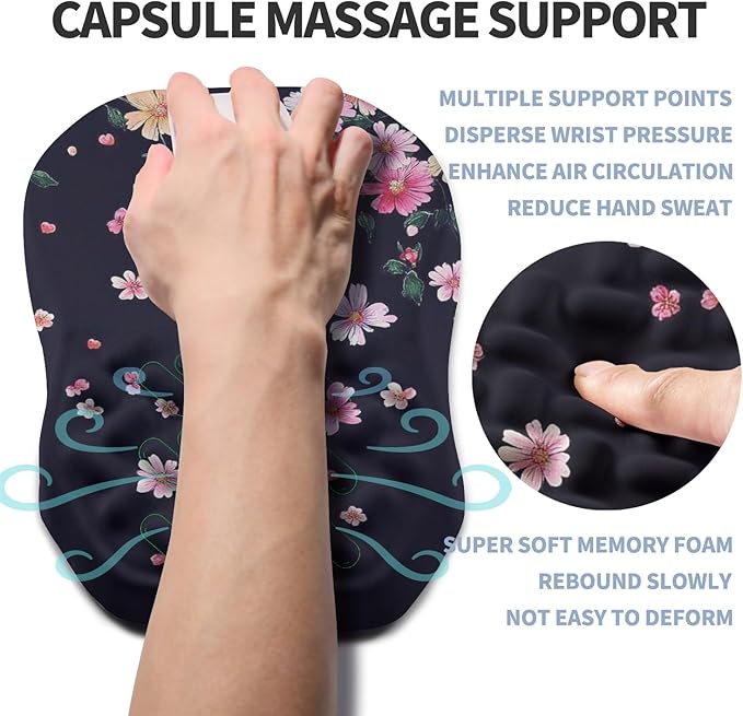 Ergonomic Raised Mouse Pad Wrist Support with Bilateral Slope Memory Foam Mousepad for Wrist Rest and Carpal Tunnel 11.8x7.9〃Flowers Bloom and Fade