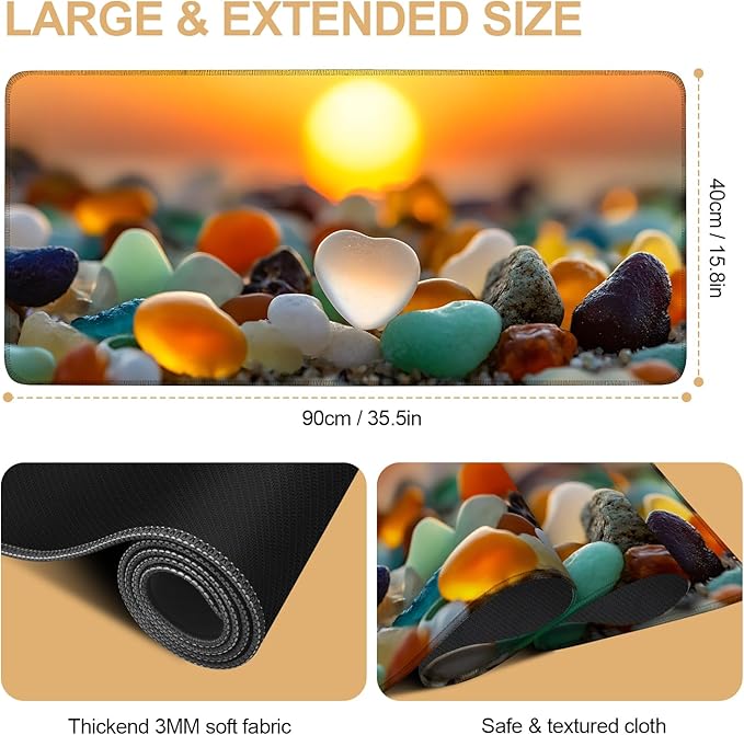 Large Mouse Pad & Keyboard Mat 35x16 Inches, Sunset Pebble Beach Landscape Non-Slip Rubber Base Desk Mat, Large Extended Desk Protector for Home Office Gaming Setup