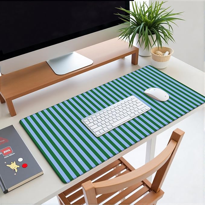 Green Teal Striped Desk Mat Cute Pastel XXL Large Gaming Mouse Pad Desk Pad Kawaii Aesthetic Home Office Decor Cozy Keyboard Laptop Computer Mat