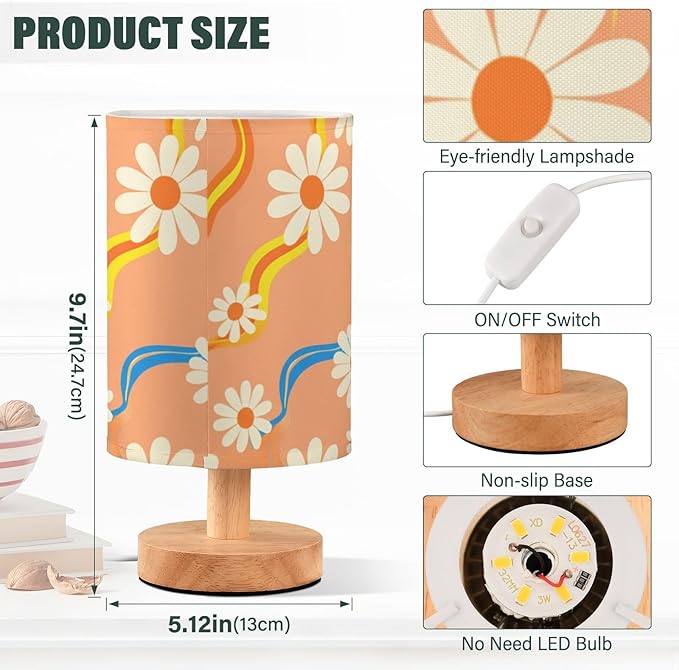 Colorful Floral LED Table Lamp, Bedside Lamp with Linen Lampshade, Flicker-Free Eye Care USB Plug in Nightstand Lamp, for Bedroom and Office