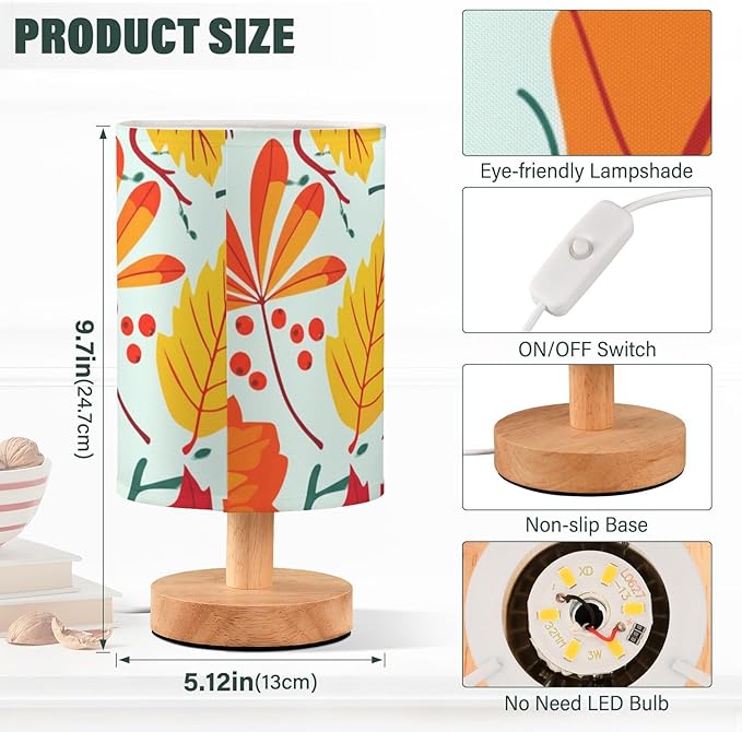 Autumn Leaf LED Table Lamp, Bedside Lamp with Linen Lampshade, Flicker-Free Eye Care USB Plug in Nightstand Lamp, for Bedroom and Office