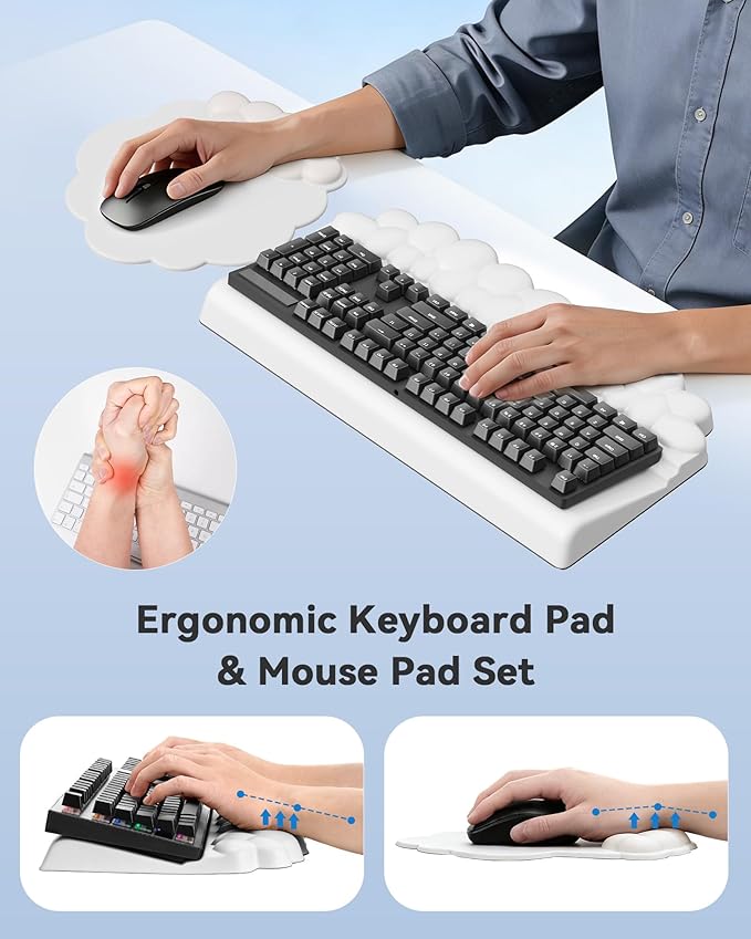 Cloud Wrist Rest for Keyboard and Mouse for Desktop, PU Leather Cloud Computer Keyboard Stand with Mouse Pad, Key Board Wrist Support Riser, Angle Adjustable Arm Rest(White)