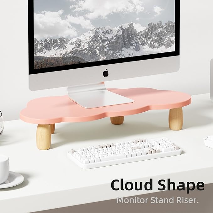 Monitor Stand Riser,Cloud Shape Wood Computer Monitor Stand, 16.5IN Monitor Stand Riser, Multi-Purpose Desktop Organizer Riser for Computer,Laptop,Printer,TV,Pink
