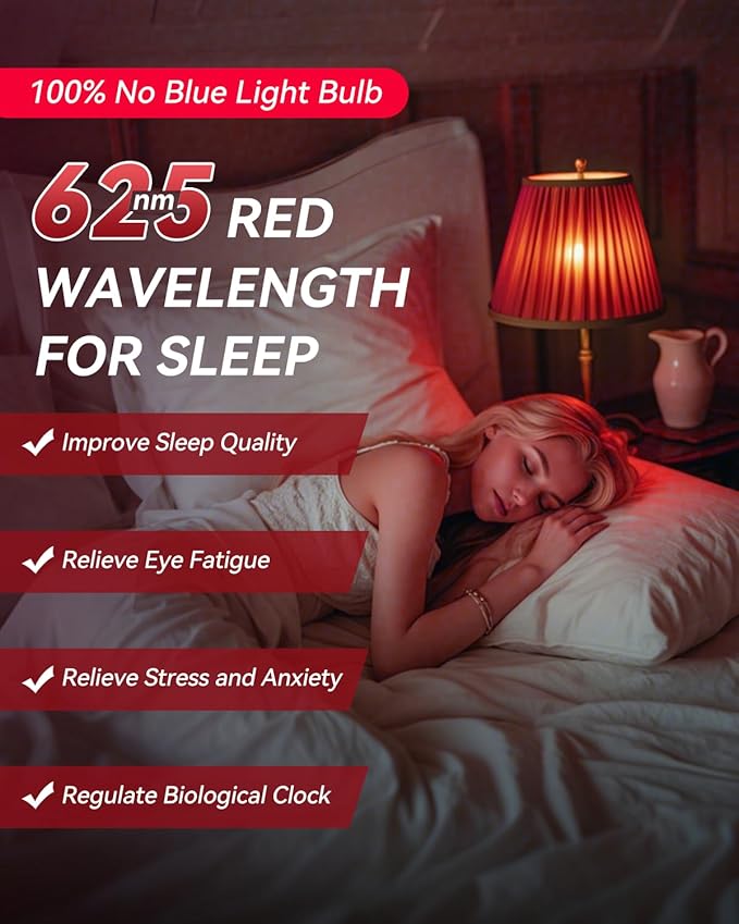 Neporal 3W 625nm Red Light Bulbs for Sleep, 100% Blue Light Blocking Bulb, Red Light Night Light for Melatonin Promoting, A19 40W Equivalent Dim Light Bulbs for Bedroom, Baby Nursery,4 Pack