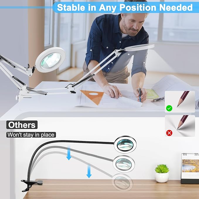10X Magnifying Glass with Light and Clamp, Real Glass Stand Lighted Magnifier, 5 Color Modes Stepless Dimmable LED Desk Lamp Hands Free for Crafts Hobby Reading Painting Sewing Close Work White