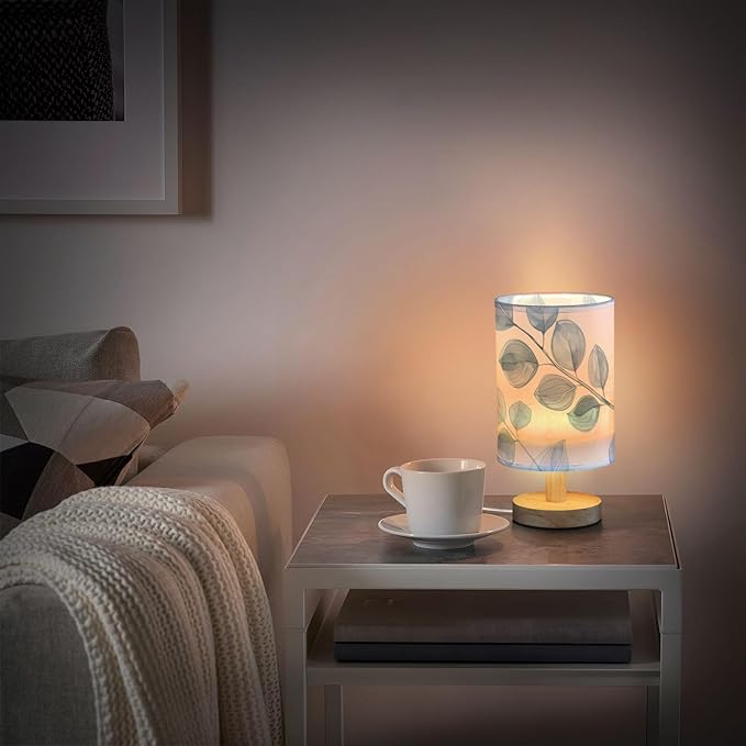 Blue Leaf LED Table Lamp, Bedside Lamp with Linen Lampshade, Flicker-Free Eye Care USB Plug in Nightstand Lamp, for Bedroom and Office