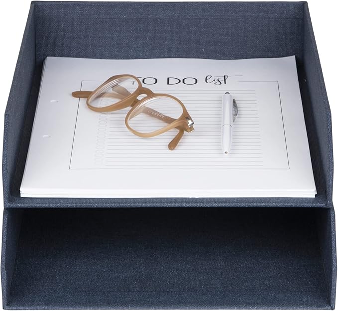 Bigso Box of Sweden Hakan Canvas Letter Trays - Pack of 2 - Desk Paper Organizer Tray with Stable Rubber Feet for A4 or Letter Size Documents - 9.1in x 12.2in x 2.4in - Blue